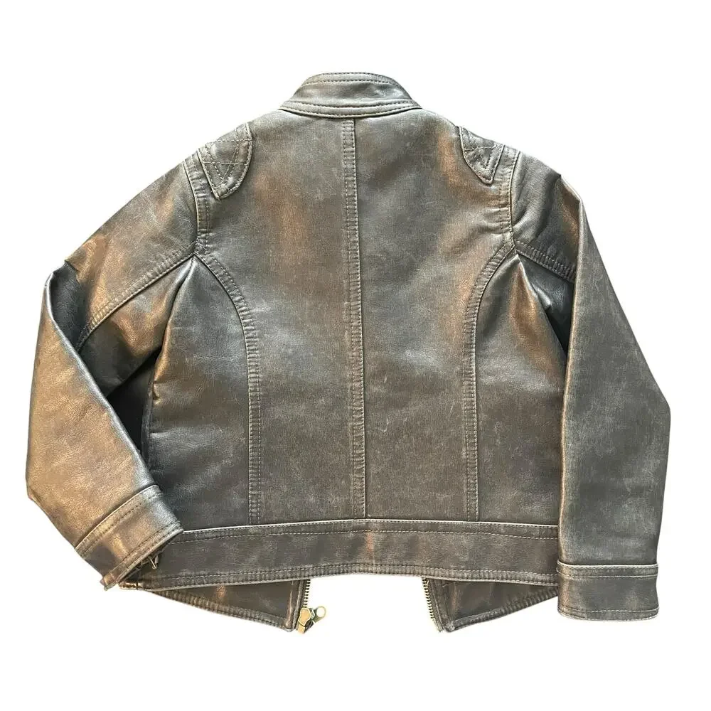 Frida G London Kids Small Black Faux Leather Moto Biker Jacket Distressed EUC